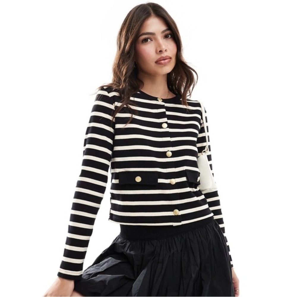 NWT Mango Black Cream Knitted Cardigan Gold Buttons Women’s Size Large Preppy